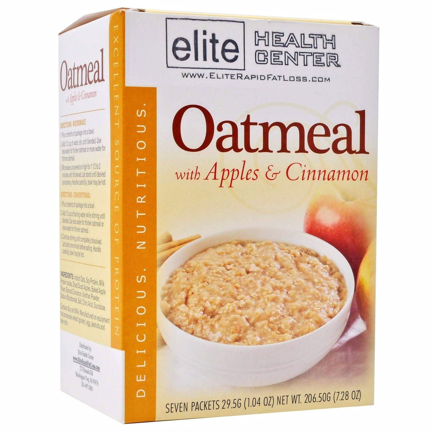 Elite Health Center Apple Cinnamon Oatmeal, low calorie, high protein, low sugar, (Pack of 7/Box)