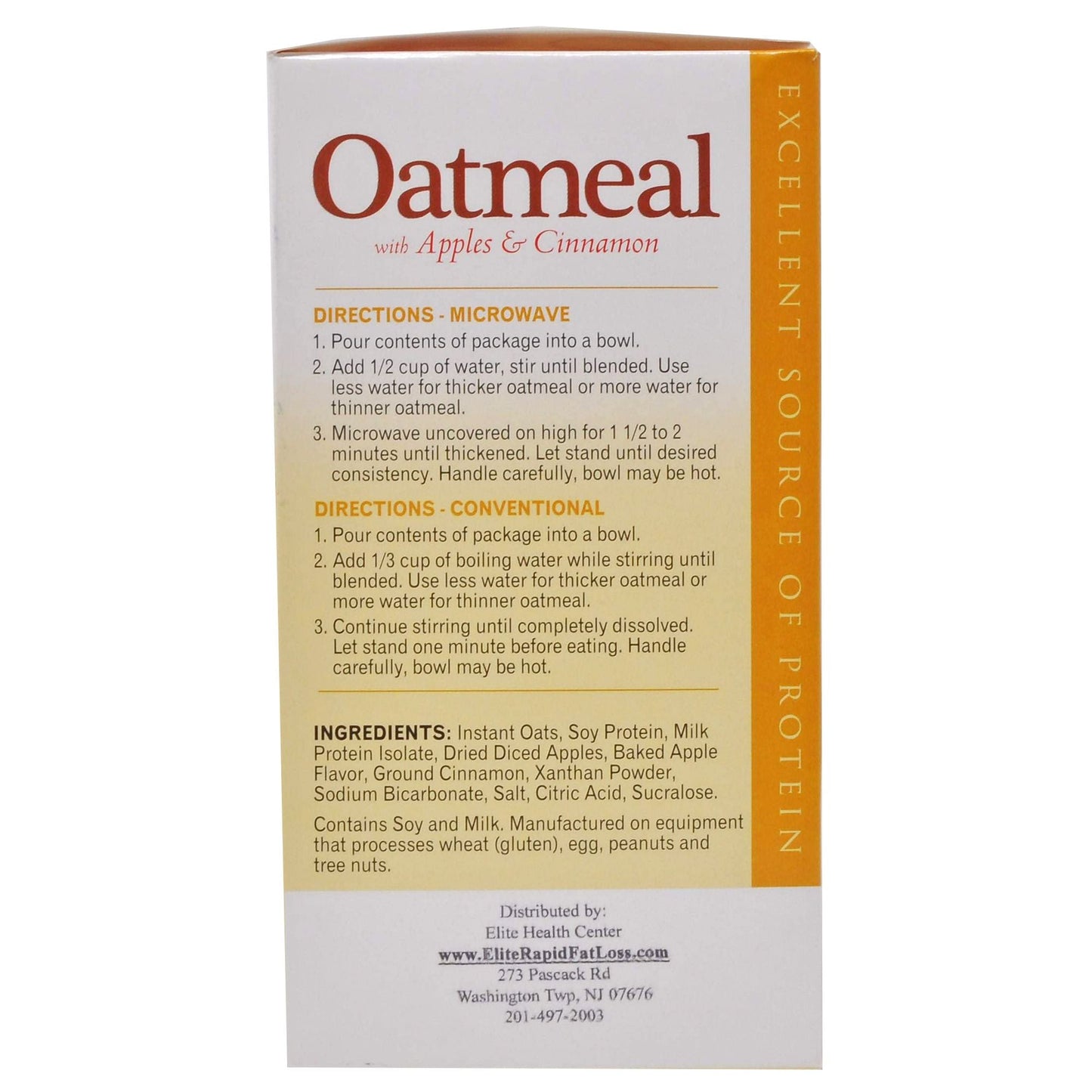 Elite Health Center Apple Cinnamon Oatmeal, low calorie, high protein, low sugar, (Pack of 7/Box)