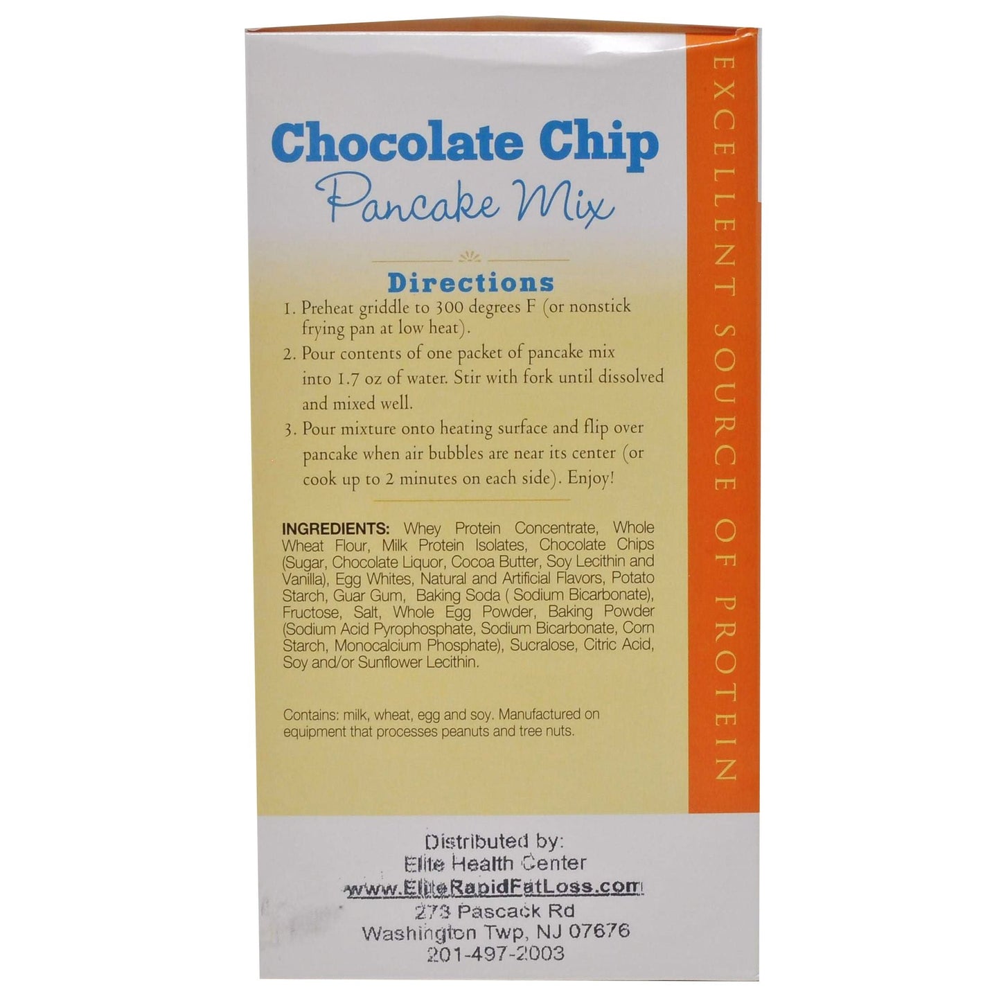 Elite Health Center- Chocolate Chip Protein Pancake Mix- 7 Servings Per Box- 110 calories/serving