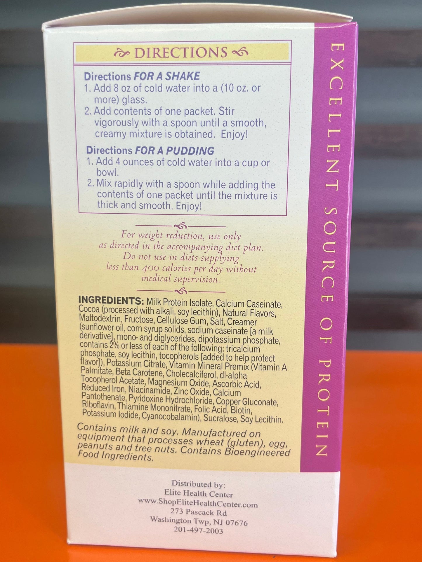 Elite Health Center- Chocolate Shake and Pudding - 15g Protein/90 calories per serving (7 packs/box)