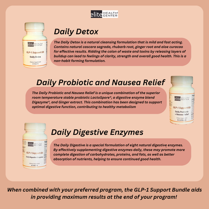 Elite Health Center- GLP1 Support Bundle- 3 bottles of Daily Supplements - Nausea relief, daily detox and digestive enzymes
