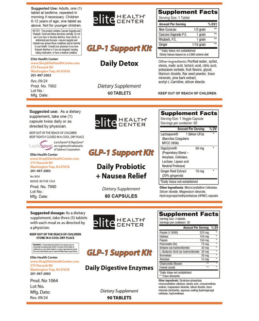 Elite Health Center- GLP1 Support Bundle- 3 bottles of Daily Supplements - Nausea relief, daily detox and digestive enzymes
