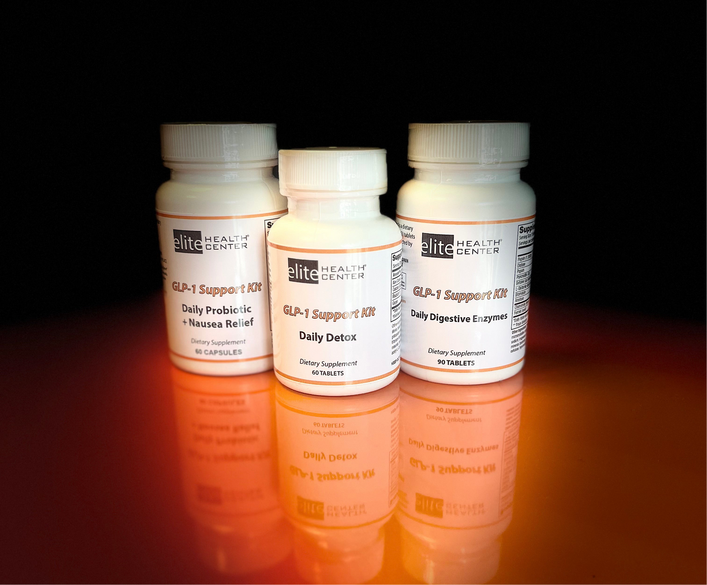 Program Support Bundle for all GLP1 programs includes three bottles of daily supplements (90 capsules each). These supplements provide nausea relief, daily detoxification, and digestive enzymes.